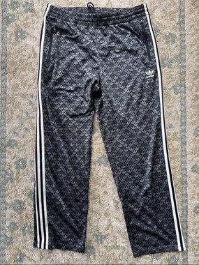 Adidas Black Track Pants with Grey Trefoil Pattern and White Stripes Large